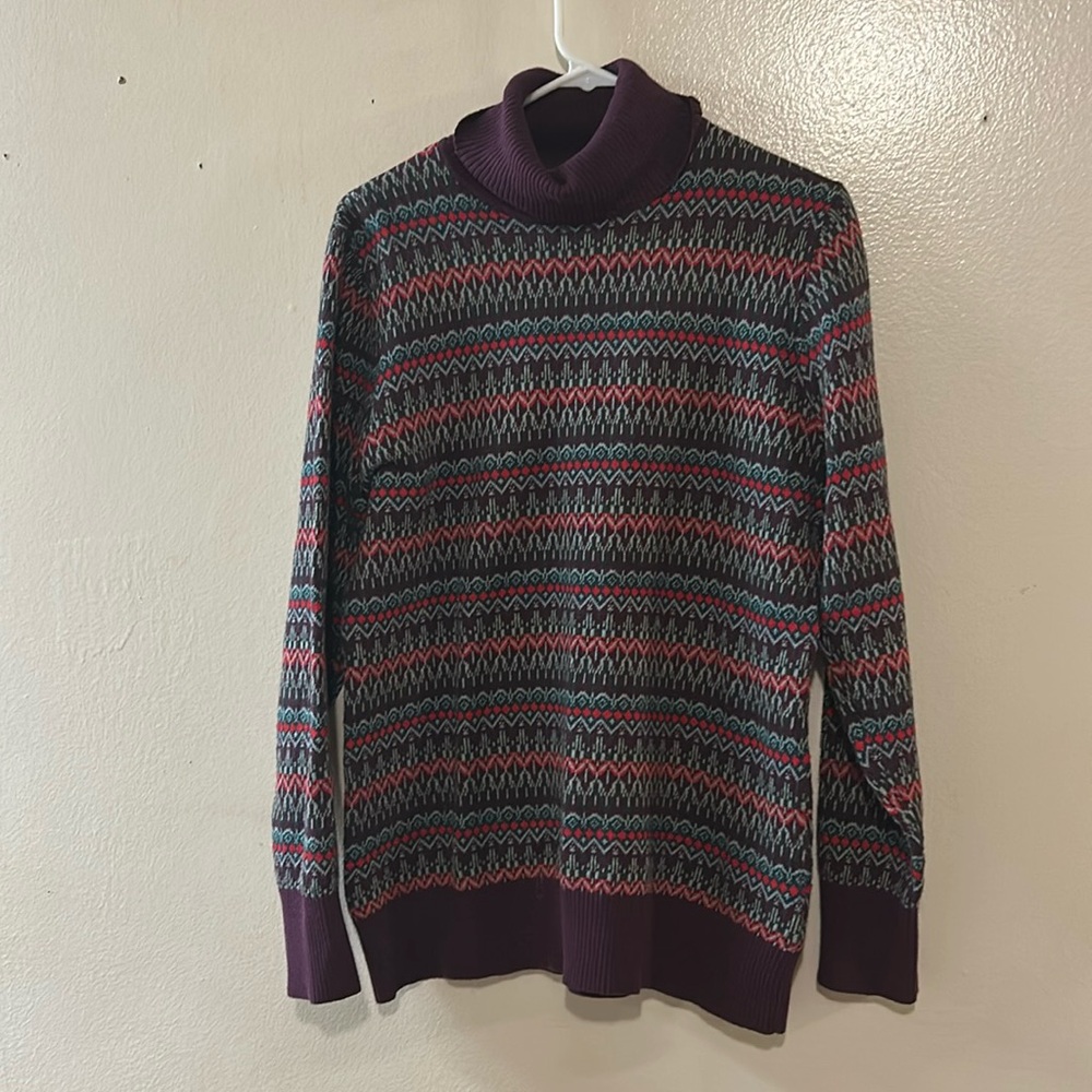 LL Bean Cotton Cashmere Purple Geometric Print Turtleneck Sweater Women …